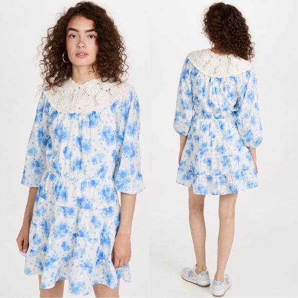 Rixo Tatiana Crochet Puff Sleeve Dress Size XXS NWT Blue Victoria Floral - Picture 1 of 5